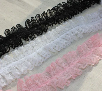 10 ярдов/лот, 4 см, двухслойная белая, черная, розовая плиссированная кружевная отделка, марлевая ткань с вышивкой, аксессуары для одежды ручной работы