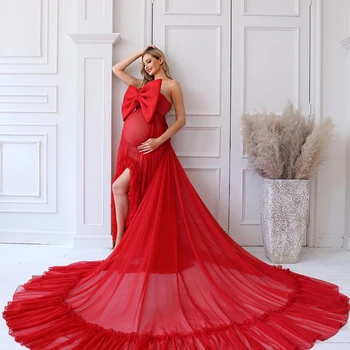 18136 # Ярко-Красный Бант, Женское Платье для беременных с Открытыми Плечами, Нерегулярное Платье для Беременных для Свадебной Фотосессии Гостей, Душа Ребенка 2023