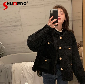 2021, осень и зима, Новое женское модное элегантное плюшевое пальто из ягненка, женская короткая куртка в корейском стиле, простая однотонная офисная женская куртка