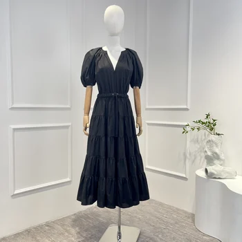 2022 Новое Поступление, Высококачественное Однотонное черное платье Миди из чистого Хлопка с пышными рукавами, Каскадная строчка, Плиссированное Платье Миди в Повседневном стиле