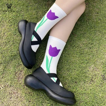 2022 новые японские женские носки с простой вышивкой, дышащие хлопчатобумажные мягкие носки-трубки, милые носки с ворсом в виде цветов, пара носков