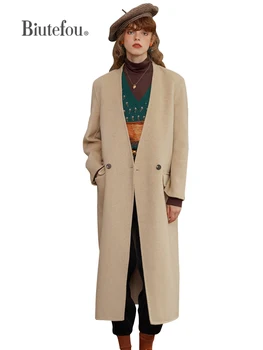 2023 Женское длинное кашемировое пальто минималистичного дизайна с нагрудником