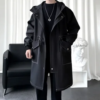 2023 Новая осенне-зимняя ветровка, Мужское пальто средней длины с капюшоном, куртка, легкий и теплый тренч, мужской плащ