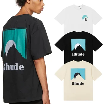 23SS Новая классическая футболка с логотипом Sunset Rhude Для Мужчин и женщин, Хлопковые футболки Европейского размера в стиле Харадзюку Kanye West Rhude