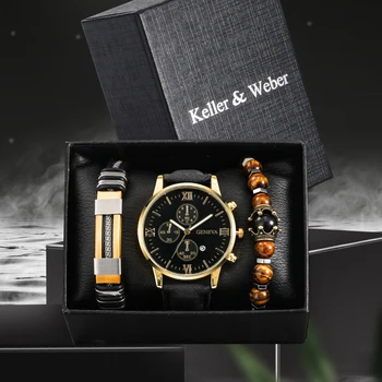 3 шт. Повседневные кварцевые часы для мужчин, набор кожаных браслетов, Роскошные Модные часы с календарем, подарок для бойфренда, Relogio Masculino