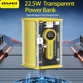 Awei P180K PD20W 20000mAh Power Bank Портативное Прозрачное Зарядное Устройство Type C Для Зарядки PowerbankBattery Зарядное Устройство для Смартфона