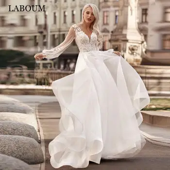 LaBoum Винтажные свадебные платья с длинными рукавами для женщин 2023, Кружевные аппликации, Свадебное платье с V-образным вырезом, Vestido De Casamento, Стреловидный шлейф