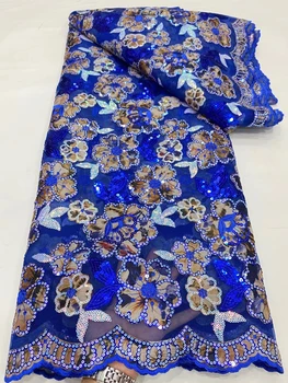 LDPN292 Королевское синее вышитое африканское сетчатое кружево с блестками, кружевная ткань из французского тюля хорошего качества для вечеринки/свадебного платья