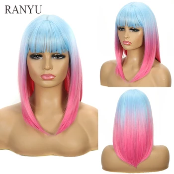 RANYU Розовый Синий Парик Градиентного цвета с челкой, Короткие Синтетические Прямые женские волосы Омбре для ежедневного косплея