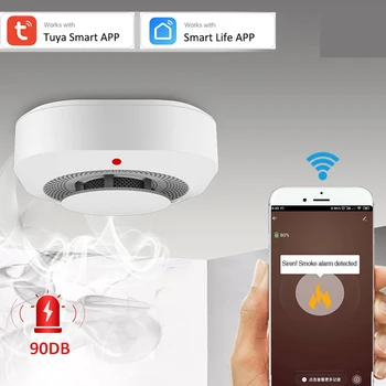 Tuya Smart WiFi 90 дБ Датчик детектора дыма, Сигнализация, Система домашней безопасности, Сирена, Противопожарная защита, Уведомление приложения Smart Life