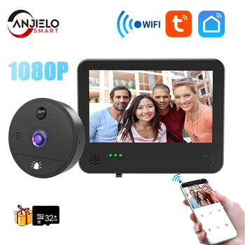 Tuya WiFi Smart 1080P Видео Дверной звонок, глазок, Камера для просмотра дверных звонков, Обнаружение движения на 170 градусов, приложение Tuya, дистанционное управление домом