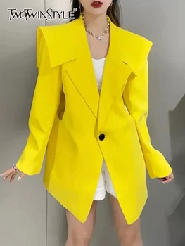 TWOTWINSTYLE Асимметричный осенний Блейзер для женщин с зубчатым воротником и длинным рукавом, однотонные корейские модные Блейзеры, Женская одежда 2022