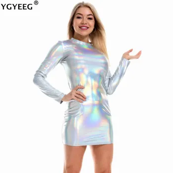 YGYEEG, облегающее Сексуальное мини-платье с длинным рукавом и круглым вырезом, Осеннее женское модное вечернее Элегантное Женское Платье цвета Металлик, клубная одежда для вечеринок