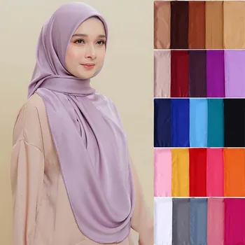 Атласный шарф-хиджаб с тонкой строчкой, Исламская Гладкая Однотонная Повязка на голову, Женские Трикотажные Хиджабы, Мусульманский головной Платок 2021, Модный Тюрбан, Капор