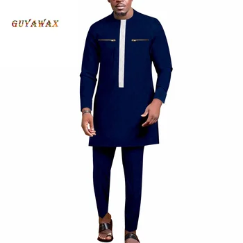 Африканские костюмы Вечерние наряды Плюс Размер Bazin Riche Африканский мужской традиционный комплект одежды с длинными рукавами, рубашки на молнии и брюки
