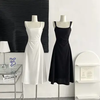 Белое Черное платье на бретелях 2023, Новое женское Длинное платье с французским поясом трапециевидной формы