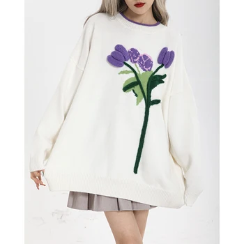Белый пуловер для женщин на осень и зиму, нежный дизайн, Свободная верхняя одежда, Трикотаж, студенческий топ, розовый свитер