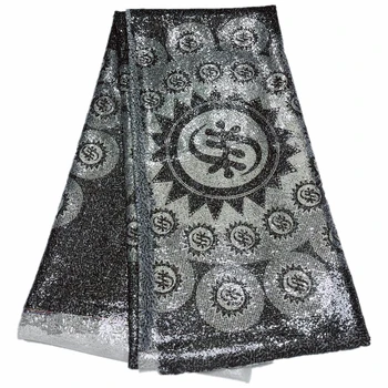 Блестящая кружевная ткань с пайетками в Африканском стиле для женского платья, Блестки, Черно-белое, 5 ярдов/партия