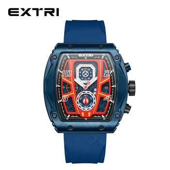 Бренд модных мужских часов Extri, уникальный квадратный синий корпус, Роскошные кварцевые спортивные резиновые часы, мужские водонепроницаемые