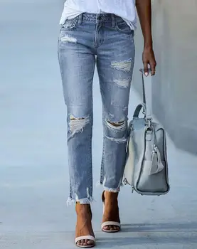 Брюки женские модные джинсовые повседневные однотонные с разрезом на молнии, рваный необработанный низ, застиранные джинсы-скинни