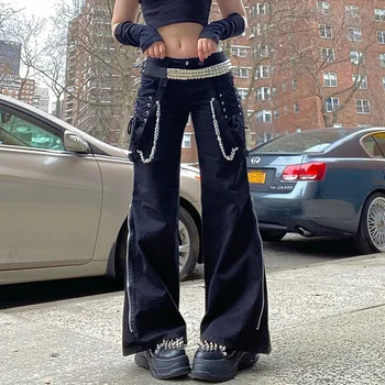 Брюки с прямыми штанинами и карманами Y2K, Брюки-цепочка в стиле спайс-панк, Черные Свободные женские джинсы-карго, Одежда в готическом стиле, Брюки в стиле хиппи с проушинами
