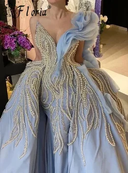 Великолепные вечерние платья из тюля с жемчугом и пышным съемным шлейфом СветлоГолубого цвета на одно плечо в арабском стиле Дубай Вечерние платья для вечеринок 2022