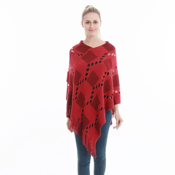 Весенне-осенний клетчатый пуловер в клетку с крупными кисточками, вязаная накидка, модное женское уличное пончо, женские накидки, красные плащи