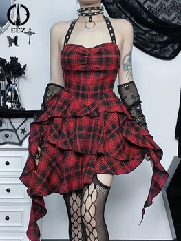 Винтаж Лолита черный красный плед платье корсет женщины нерегулярные линии Харадзюку короткий собрались бандажное платье Гот Y2K плиссированные юбки
