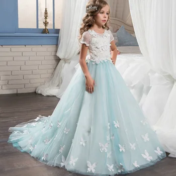 Винтажное Голубое платье в цветочек для девочек 2021 года с коротким рукавом и цветочной Бабочкой, Белые Кружевные платья для малышей на свадьбу и вечеринку на пуговицах сзади