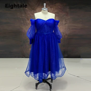 Восьмиугольное Королевское синее платье для выпускного вечера, Блестящее Вечернее платье с открытыми плечами средней длины и длинным рукавом для женщин, Свадебная вечеринка, Выпускной