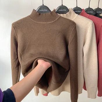 Женская зимняя блузка 2023, модные вязаные пуловеры с высоким воротом, женский Теплый топ, толстый Тонкий однотонный корейский женский свитер