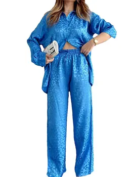 Женская Повседневная рубашка Y2k с градиентным леопардовым принтом, длинным рукавом и пуговицами, Пижамный комплект со штанами - Стильная одежда для отдыха