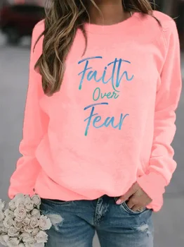 Женская толстовка Faith Over Fear, толстовки с буквенным принтом, Женская Флисовая Свободная Толстовка с длинным рукавом и круглым вырезом, Пуловеры для девочек, зимние топы