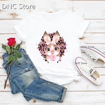 Женская футболка С Милым Пасхальным кроликом, розовым леопардовым принтом, Модная эстетическая футболка Femme Harajuku 90s 00s, футболка для девочек