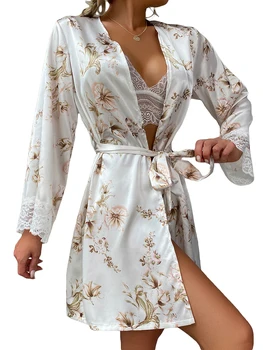 Женские комплекты халатов, Кружевное кимоно в стиле пэчворк с длинным рукавом, халат и кружевной бюстгальтер, шорты для сексуальной пижамы, комплект из 3 предметов