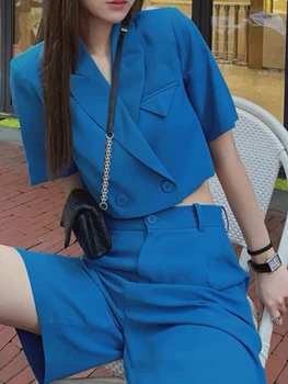 Женский Летний Элегантный однотонный костюм с шортами, Повседневный деловой укороченный Блейзер, Куртки и брюки, 2 предмета, женская модная корейская одежда