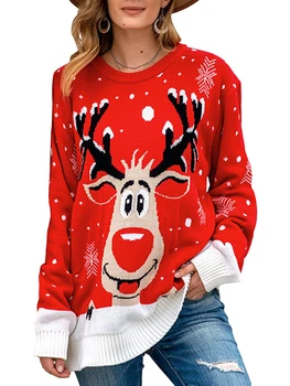 Женский праздничный рождественский свитер с оленями - уютный рождественский пуловер с длинным рукавом и круглым вырезом для девушек и дам
