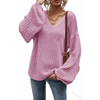 Женский свитер, весенне-осенний Модный однотонный Свободный вязаный топ с вырезами, Женский повседневный пуловер с V-образным вырезом и рукавом-фонариком