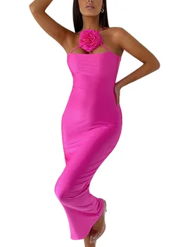 Женское Длинное облегающее платье, сплошной цвет, 3D цветок, крест спереди, без рукавов, обтягивающее Винтажное летнее платье с открытой спиной для официальных мероприятий