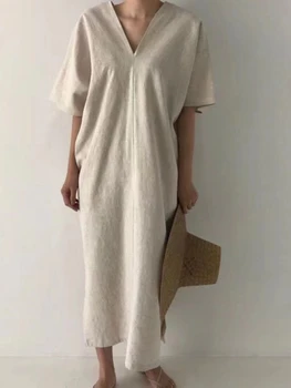Женское платье, Летнее платье Woman 2023, Модная Корейская версия свободного кроя, Ленивый стиль, V-образный вырез, Длинный однотонный топ с короткими рукавами