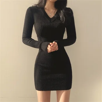 Женское сексуальное облегающее платье в рубчик с V-образным вырезом, Корейское зимнее мини-платье-свитер с длинным рукавом