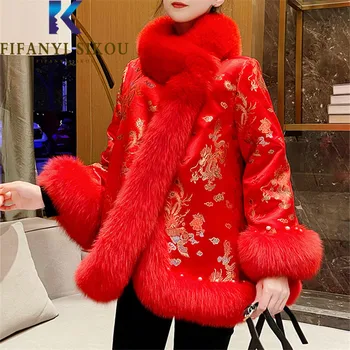Зимнее Меховое пальто Женское с вышивкой Дракона и Феникса в китайском стиле, Модная куртка из искусственного лисьего меха, женское Толстое теплое пальто