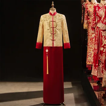 Золотая Высококачественная Вышивка Жениха Чонсам Для Мужчин, Банкетное Китайское Традиционное Платье, Свадебный Воротник-стойка китайская одежда