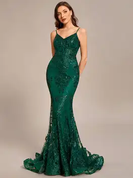 Изготовленные на заказ вечерние платья с Глубоким V-образным вырезом и открытой спиной, Облегающее женское платье длиной до пола 2023 Ever Pretty из блестящей темно-зеленой русалки