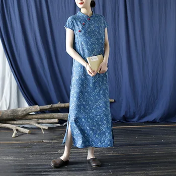 Китайское платье Ципао, Летнее платье из хлопка и конопли в этническом стиле с цифровой печатью, Женская юбка Ципао с разрезом на пуговицах