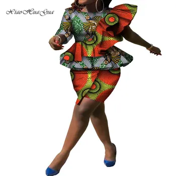 Комплект из 2 предметов, костюмы в африканском стиле для женщин, Женская блузка с африканским принтом и короткие юбки, Женские Юбки и Топ, комплект Одежды Больших Размеров WY8337