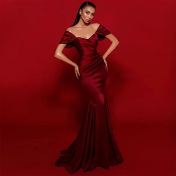 Красное атласное вечернее платье в Дубае без рукавов, Сексуальное женское Длинное плиссированное платье Русалки для выпускного вечера, Вечернее платье с разрезом сбоку, Праздничный халат