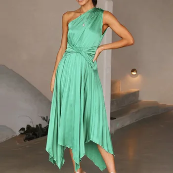 Летнее женское атласное платье с нерегулярной складкой на одно плечо, облегающие вечерние платья с рюшами, Роскошные вечерние платья Robe Femme