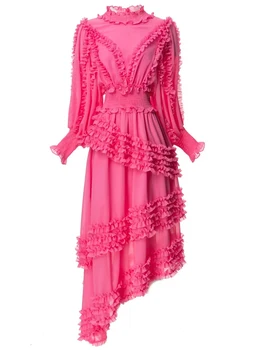 Летнее Новое Высококачественное женское дизайнерское асимметричное платье для вечеринок знаменитостей, Великолепное Сексуальное Элегантное Розово-красное модное платье миди
