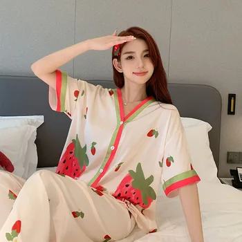 Летний женский пижамный комплект с роскошным принтом и V образным вырезом, Длинный Повседневный комплект одежды для отдыха из 3